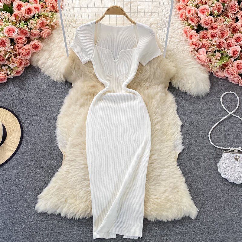 9color Summer New woman Tight Square Neck dresses women Short Sleeve Casual Knitted Dress