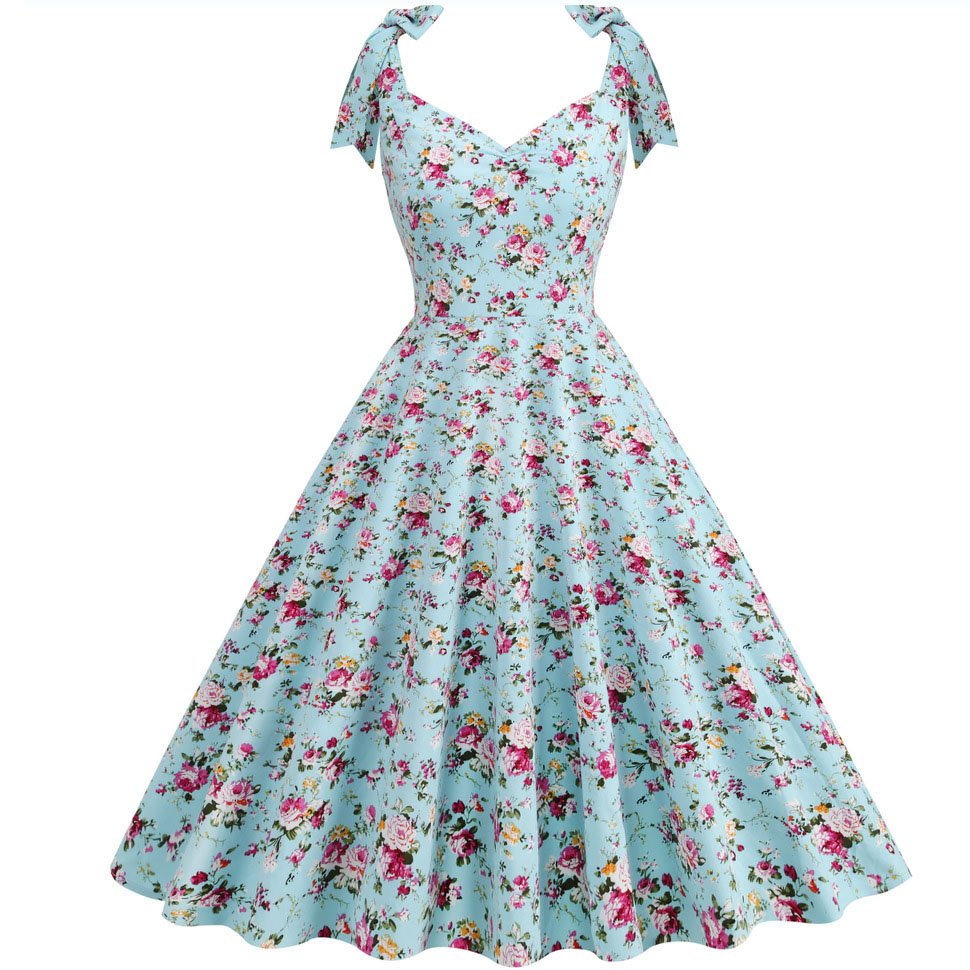 ladies v neck floral print sleeveless vintage dresses knee long women cotton casual dress