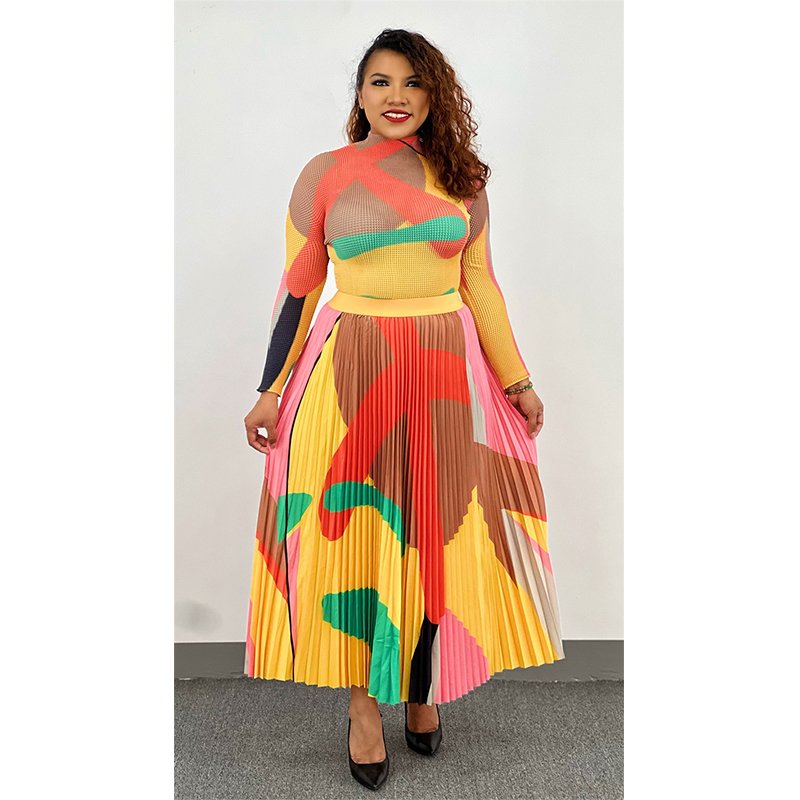 New Printed Long Sleeve Shirt 2 Piece Sets High Waist Pleated Loose Casual Elegant Dress For Vacation