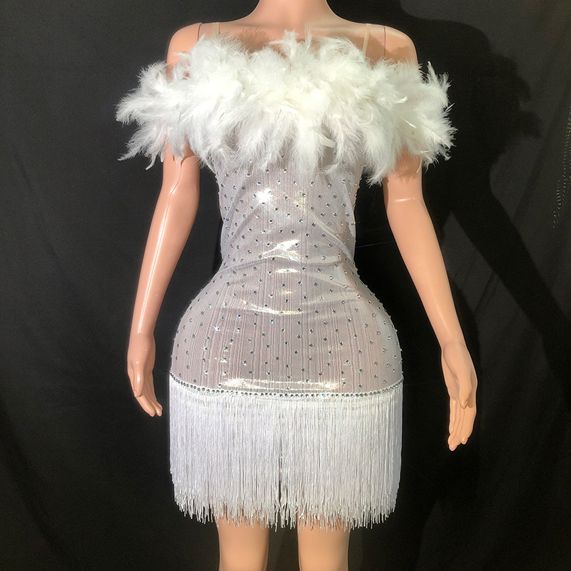 Casual Dresses 2024 Silver Sleeveless Elangant Sexy Party Sequin Dress With Feather Casual Clothes For Women