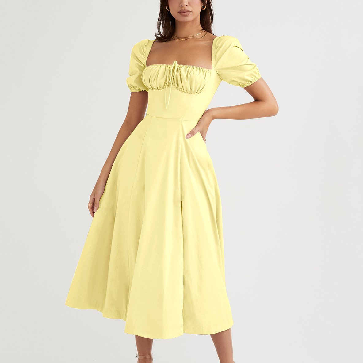 Solid Color Puff Sleeve Square Collar Off The Shoulder Ribbon High Split Women Dress Women Clothing Summer Casual Dresses Simple