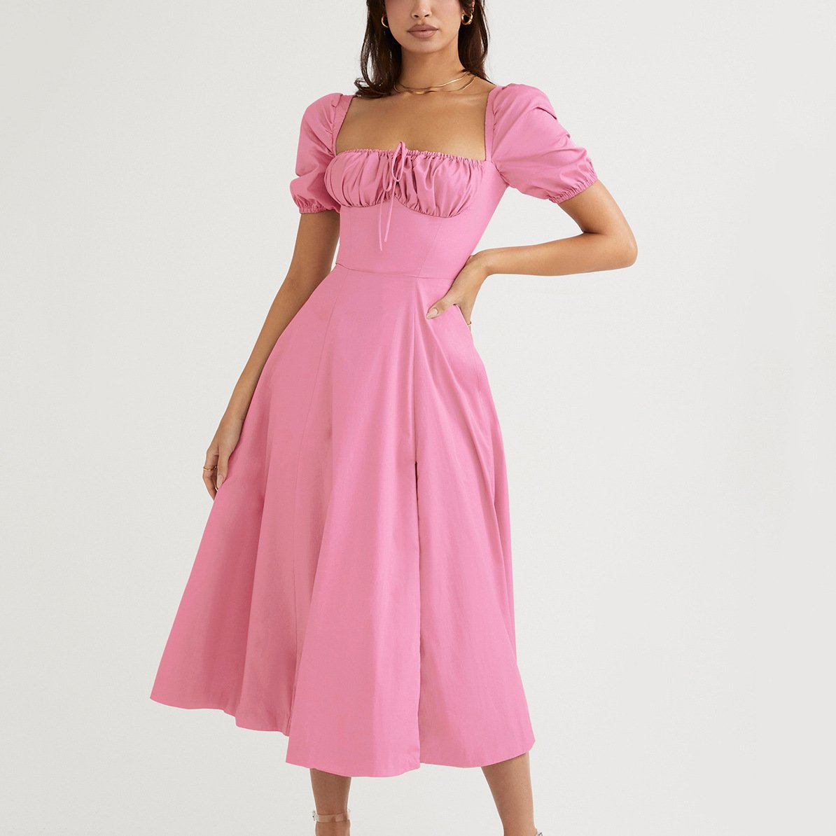 Solid Color Puff Sleeve Square Collar Off The Shoulder Ribbon High Split Women Dress Women Clothing Summer Casual Dresses Simple