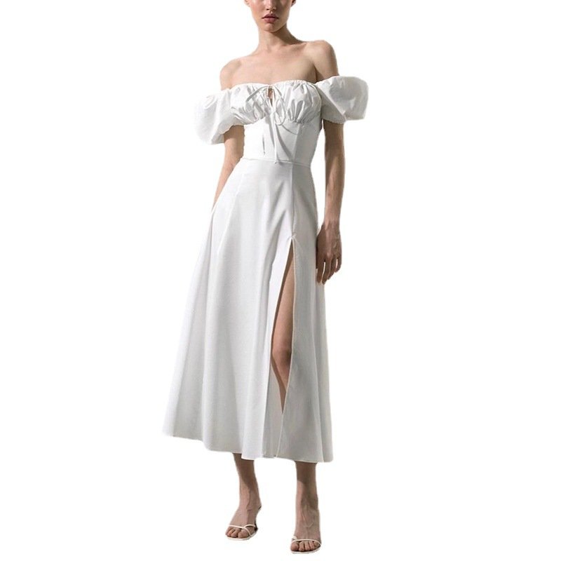 Solid Color Puff Sleeve Square Collar Off The Shoulder Ribbon High Split Women Dress Women Clothing Summer Casual Dresses Simple