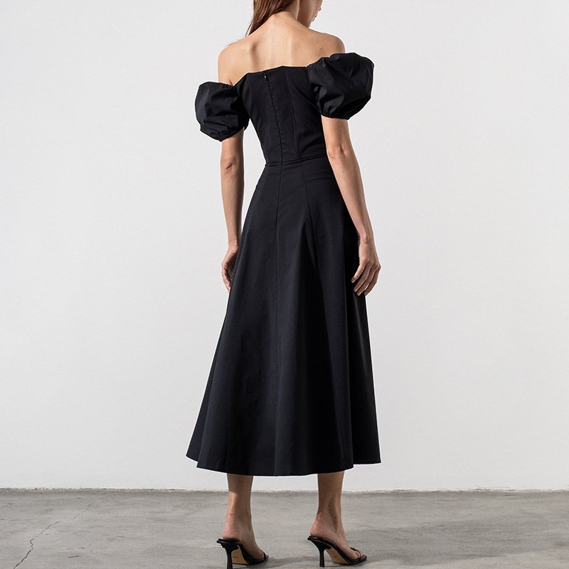 Solid Color Puff Sleeve Square Collar Off The Shoulder Ribbon High Split Women Dress Women Clothing Summer Casual Dresses Simple