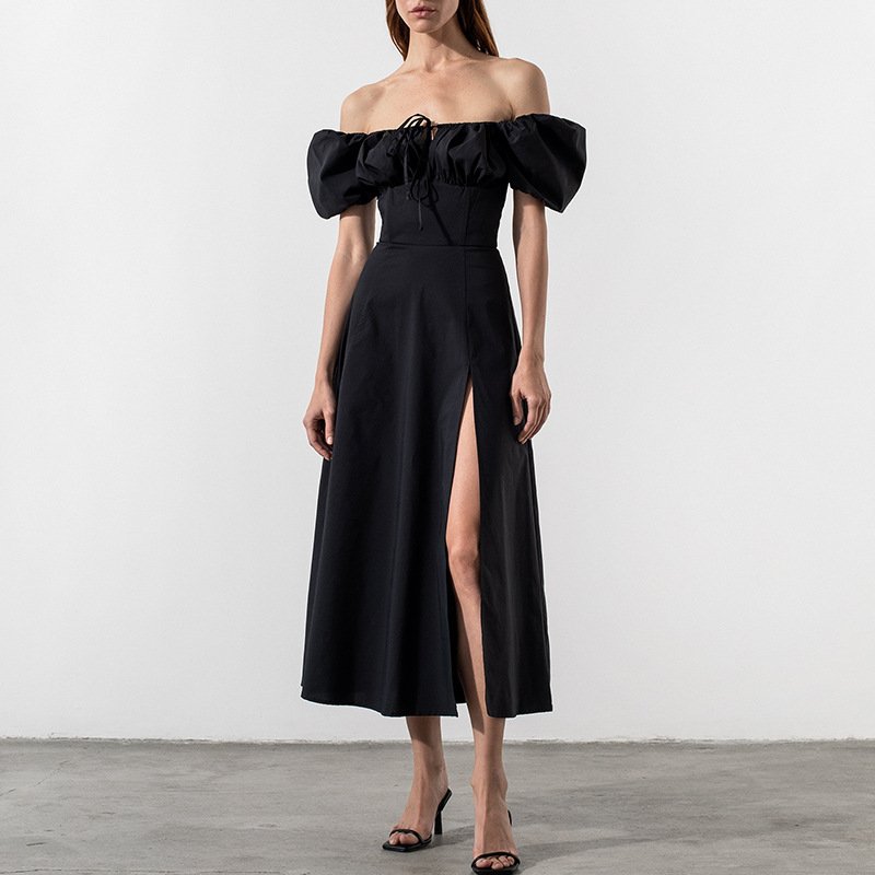 Solid Color Puff Sleeve Square Collar Off The Shoulder Ribbon High Split Women Dress Women Clothing Summer Casual Dresses Simple