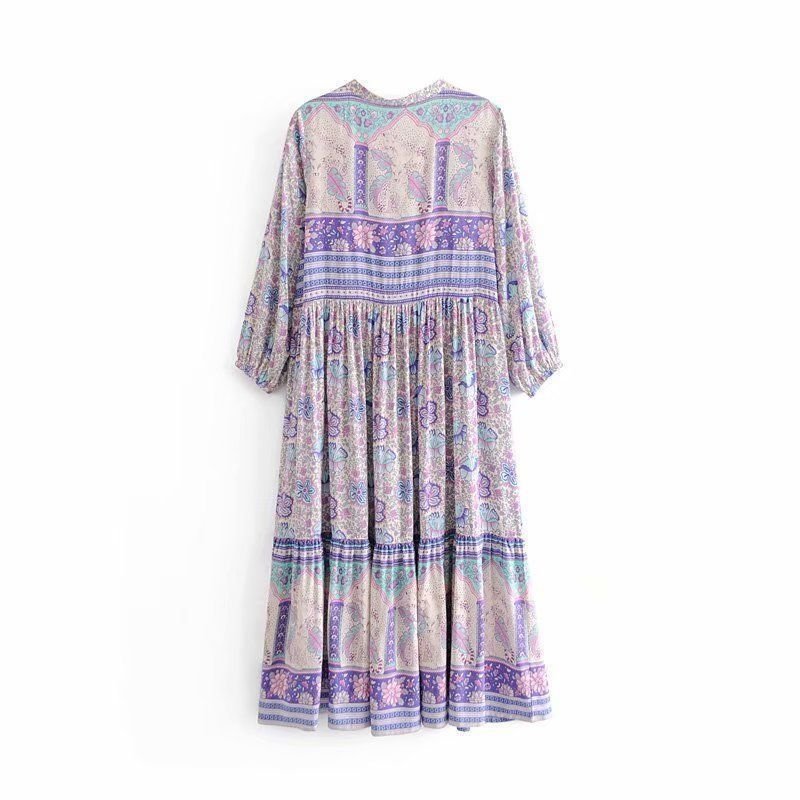 New Hot Selling purple Print Women Elegant Bohemian Casual Dress Long Sleeve V-neck Swing luxury ladies pretty long dress