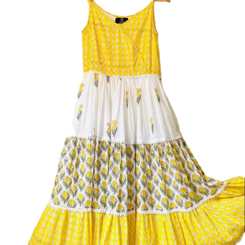 Lemon Flora Boho Tiered Maxi Casual Dress for Womens closed neck Cotton Women Dress from Indian Manufacturer and Exporter