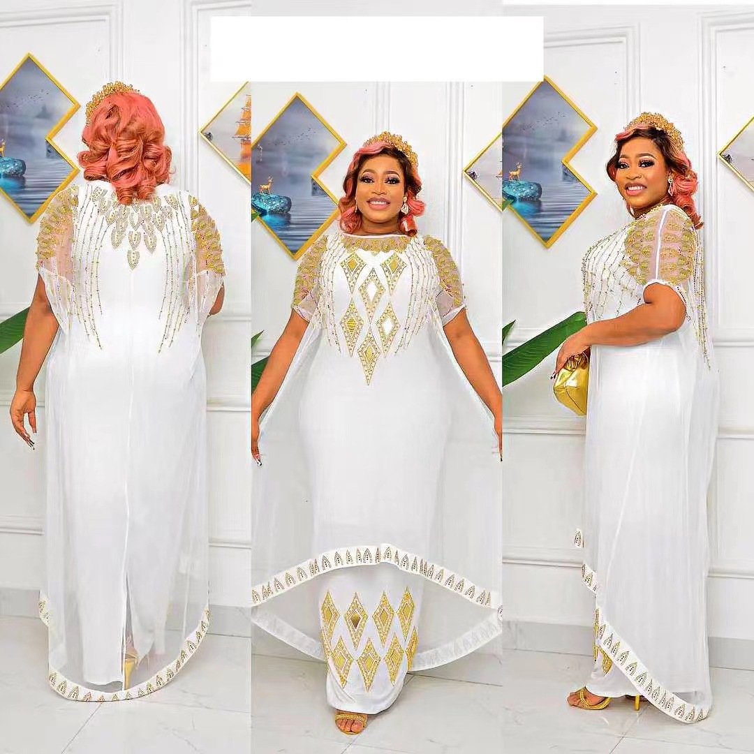 Hotsale African women dress 2024 summer ladies casual dresses rhinestones mesh robe dress for women