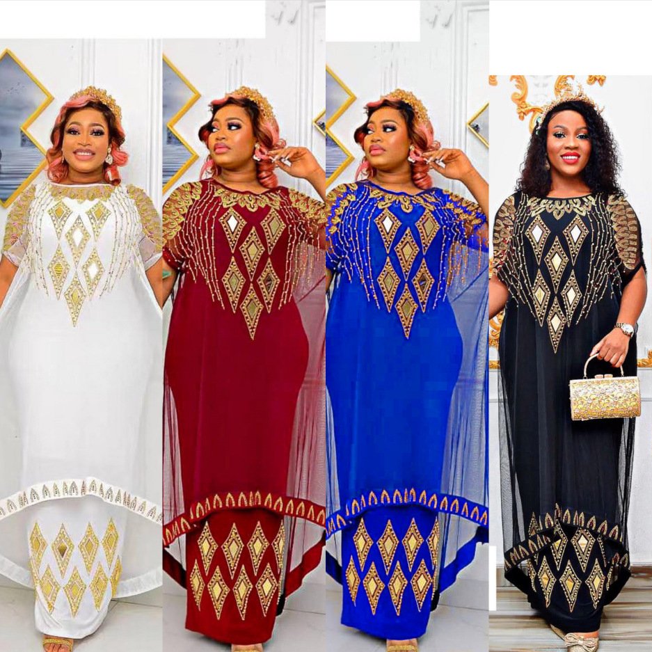 Hotsale African women dress 2024 summer ladies casual dresses rhinestones mesh robe dress for women