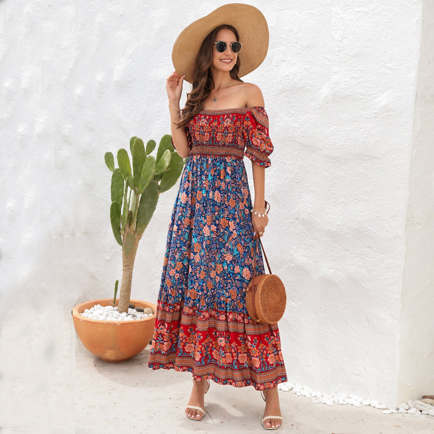 Hot sale casual boho dresses women bohemian summer short puff sleeve maxi floral off shoulder dress for girls