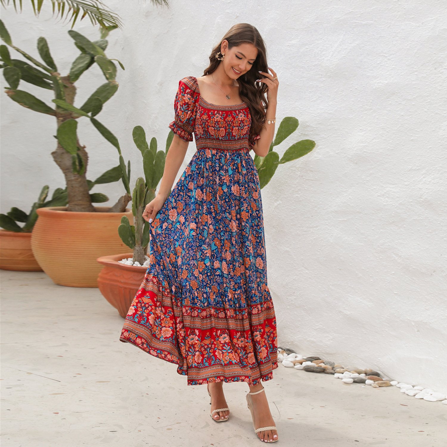 Hot sale casual boho dresses women bohemian summer short puff sleeve maxi floral off shoulder dress for girls