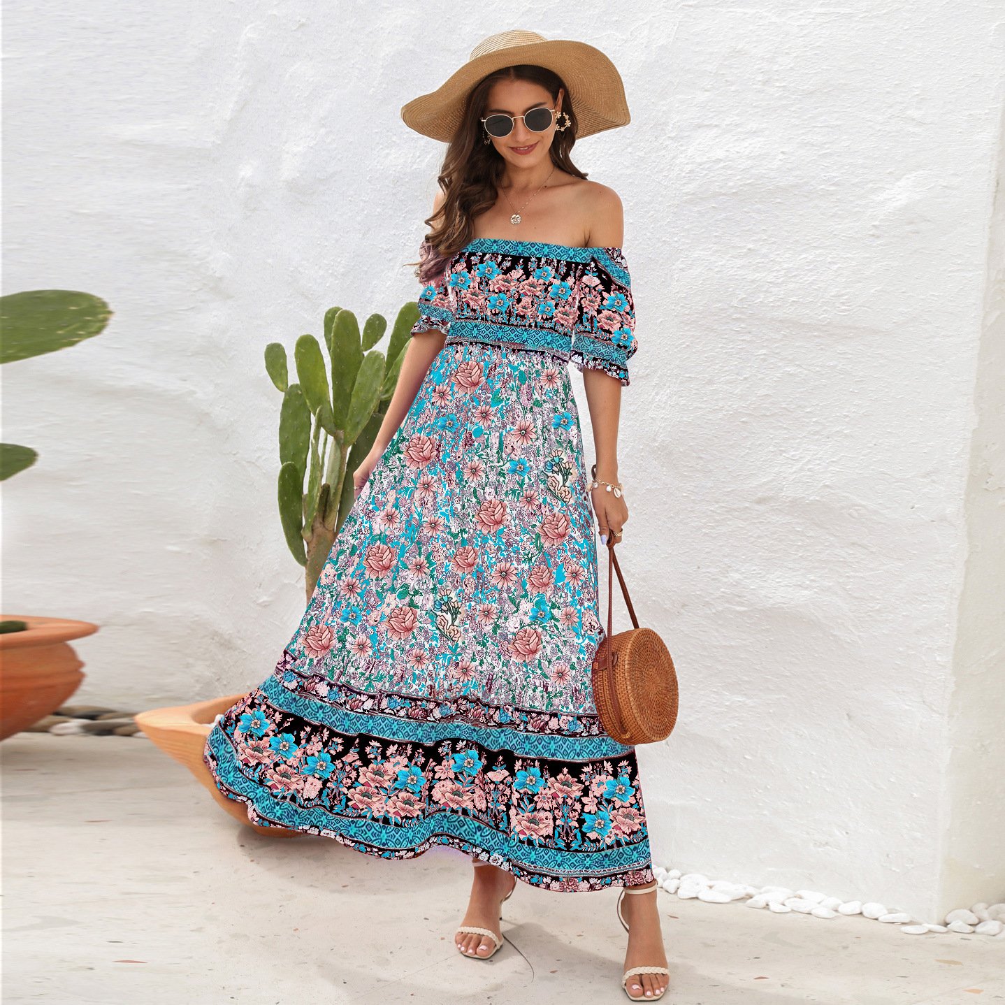 Hot sale casual boho dresses women bohemian summer short puff sleeve maxi floral off shoulder dress for girls