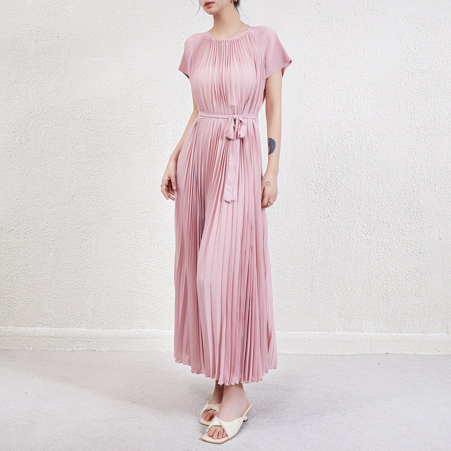 High Quality Miyake Pleated Women's Dress Round Neck Long Sleeve Belt Waist Solid Color Women's Casual Dress