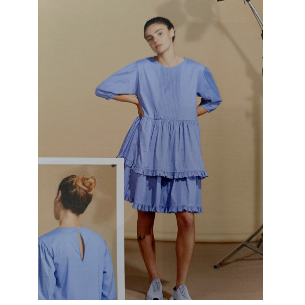 Viscose Short Dress With Ruffles Rouches And Three-Quarter Puff Sleeves Buttoned On The Back Woven And Light Weight Made InItaly