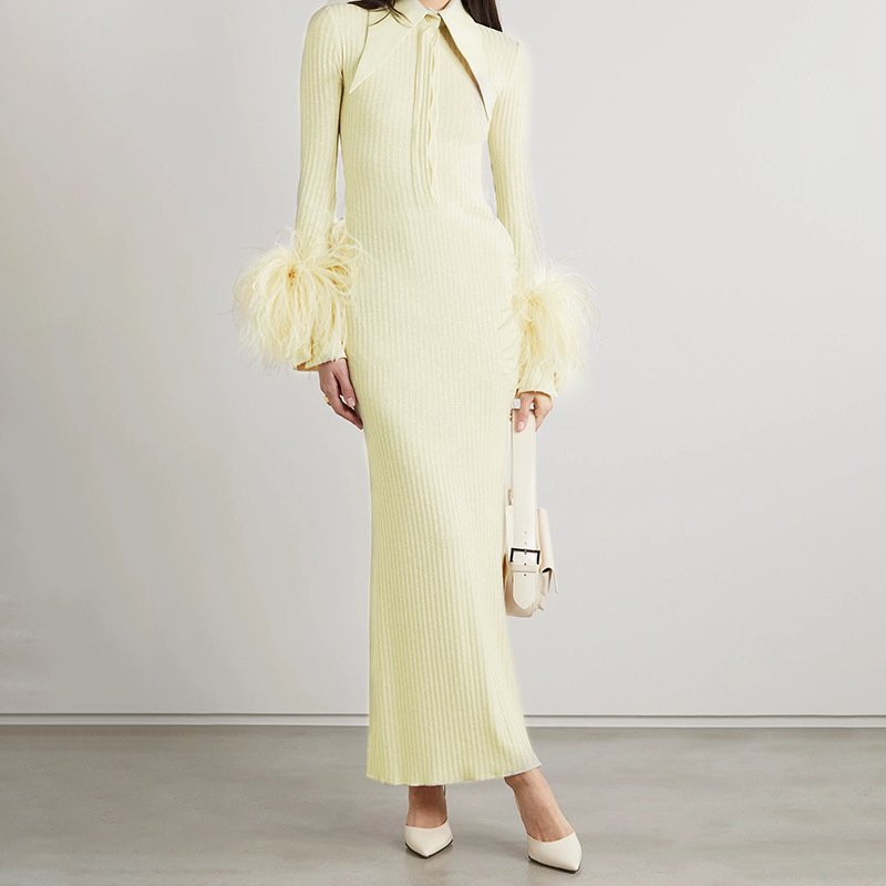 2023 Hot new splicing yellow elastic irregular feather cuff fashion casual comfortable women's senior dress