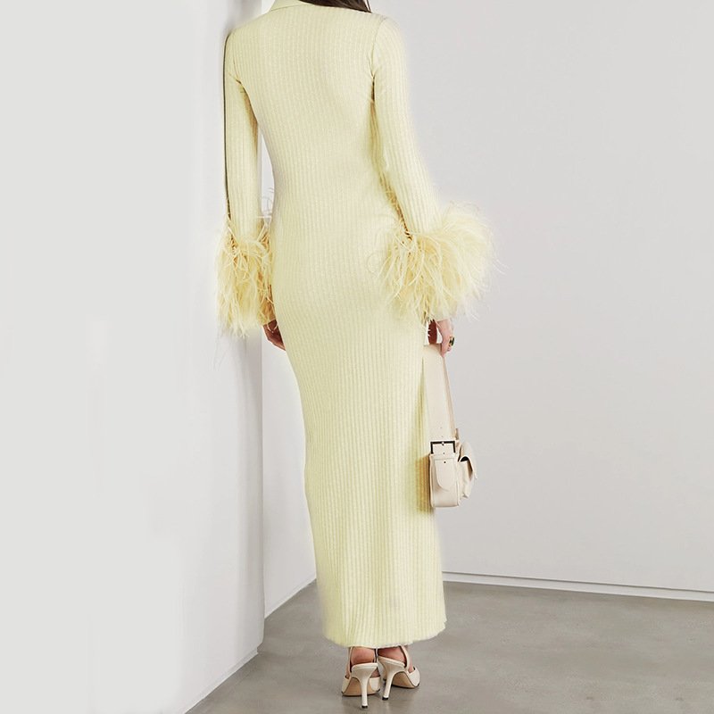 2023 Hot new splicing yellow elastic irregular feather cuff fashion casual comfortable women's senior dress