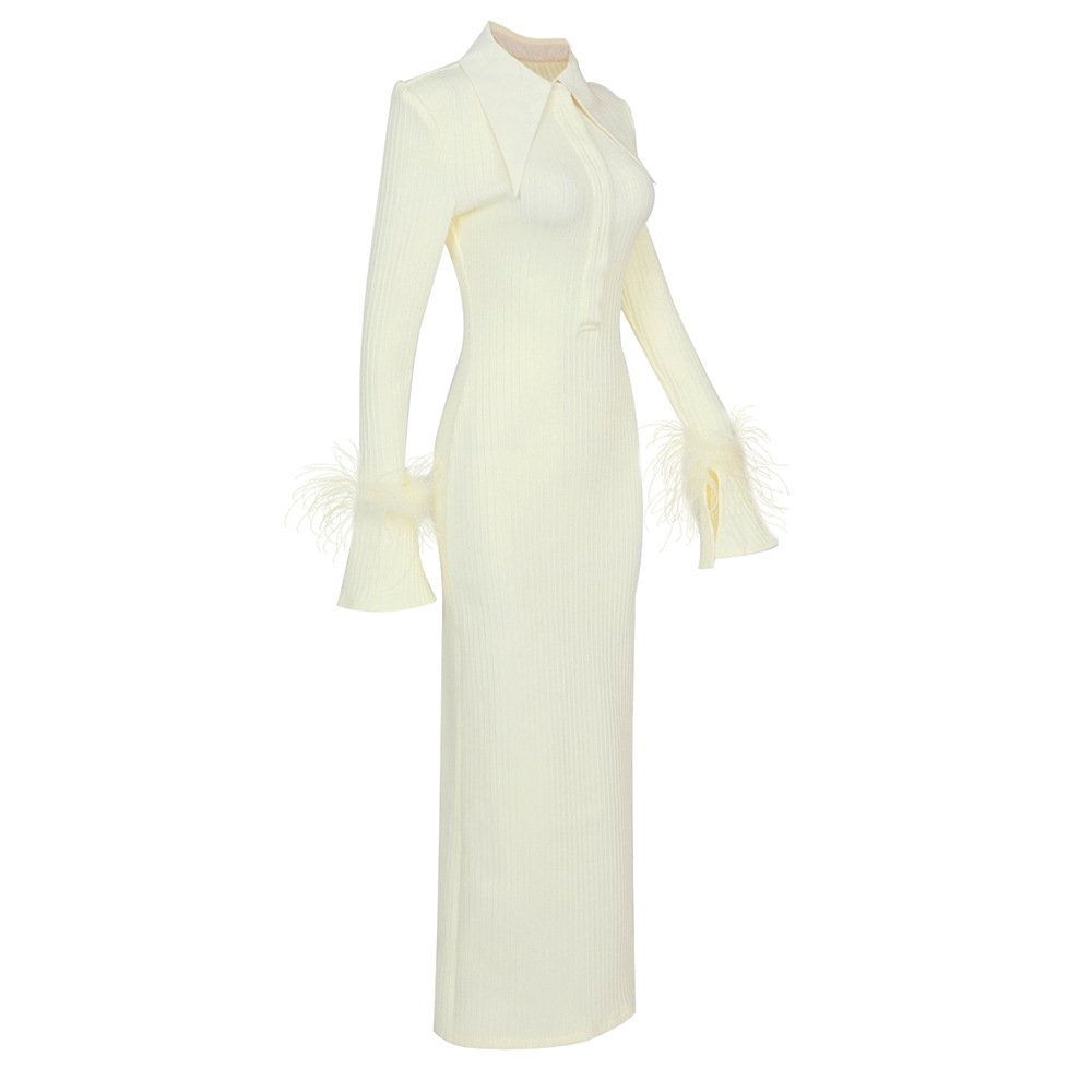 2023 Hot new splicing yellow elastic irregular feather cuff fashion casual comfortable women's senior dress