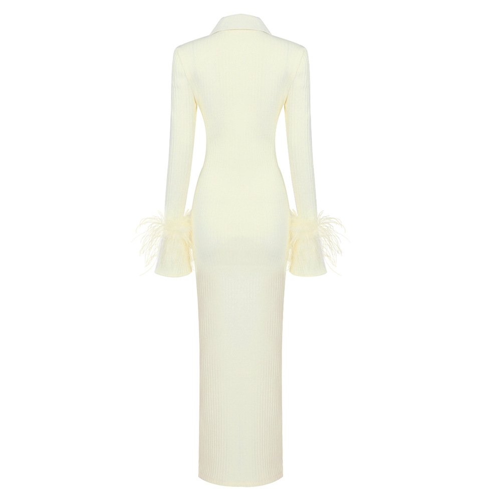 2023 Hot new splicing yellow elastic irregular feather cuff fashion casual comfortable women's senior dress