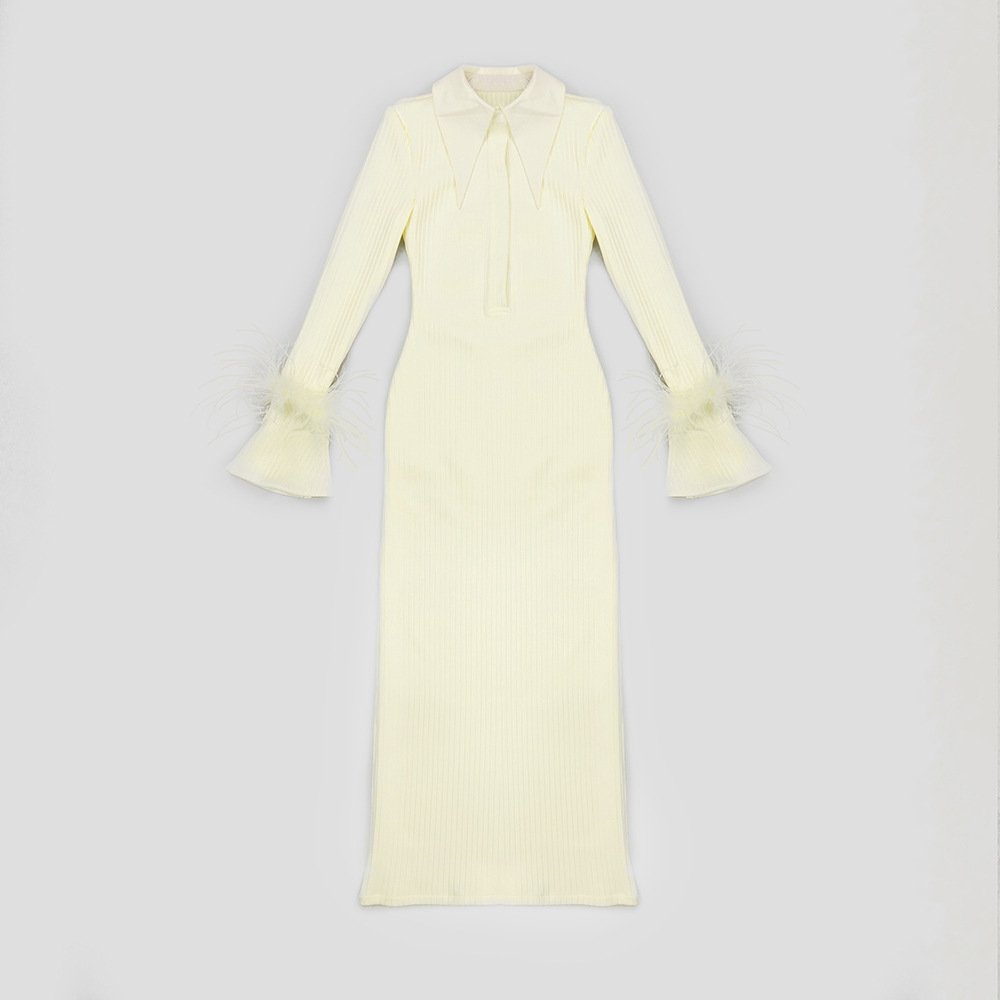 2023 Hot new splicing yellow elastic irregular feather cuff fashion casual comfortable women's senior dress