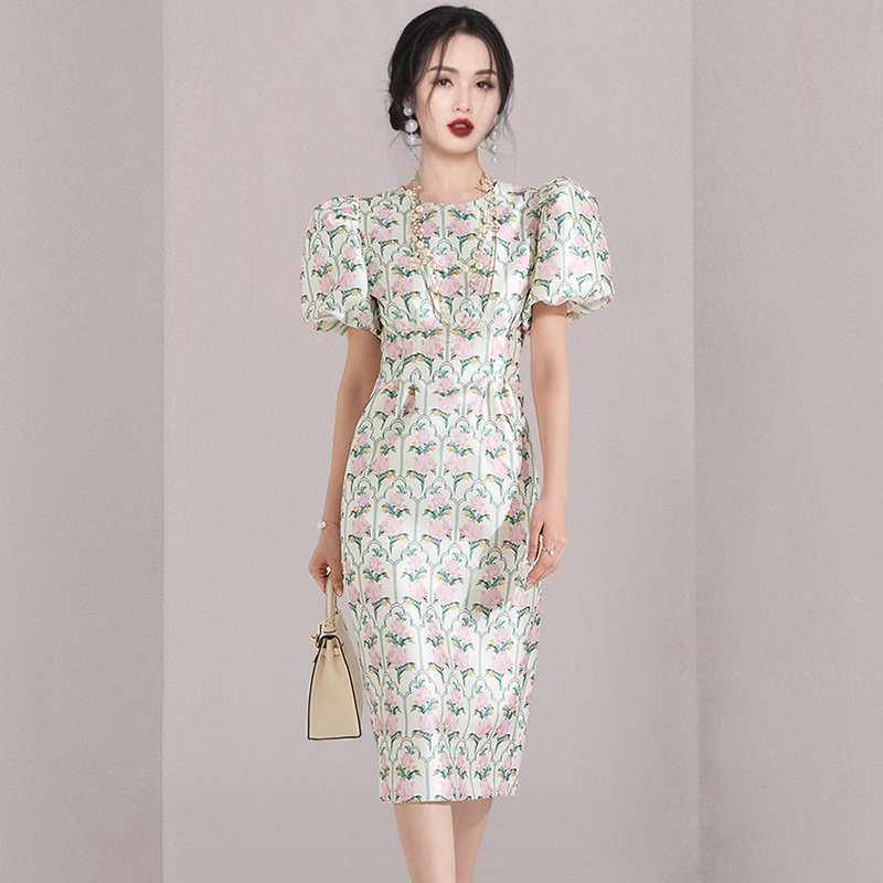 2023 summer new temperament slim fashion balloon sleeve print hip dress HN0842065