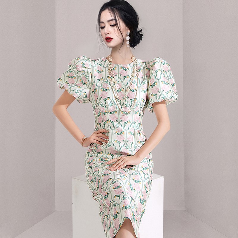 2023 summer new temperament slim fashion balloon sleeve print hip dress HN0842065