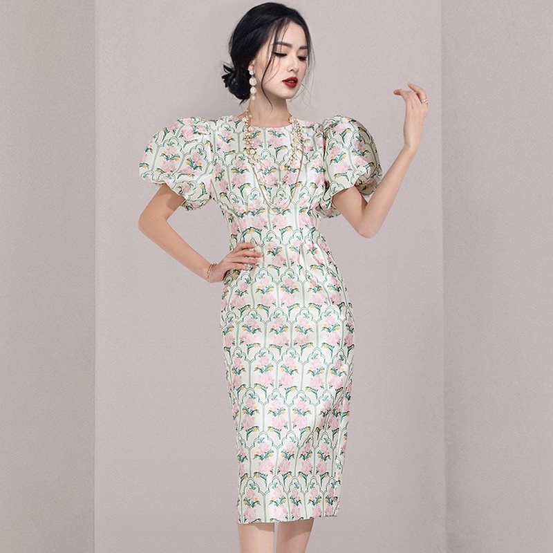 2023 summer new temperament slim fashion balloon sleeve print hip dress HN0842065
