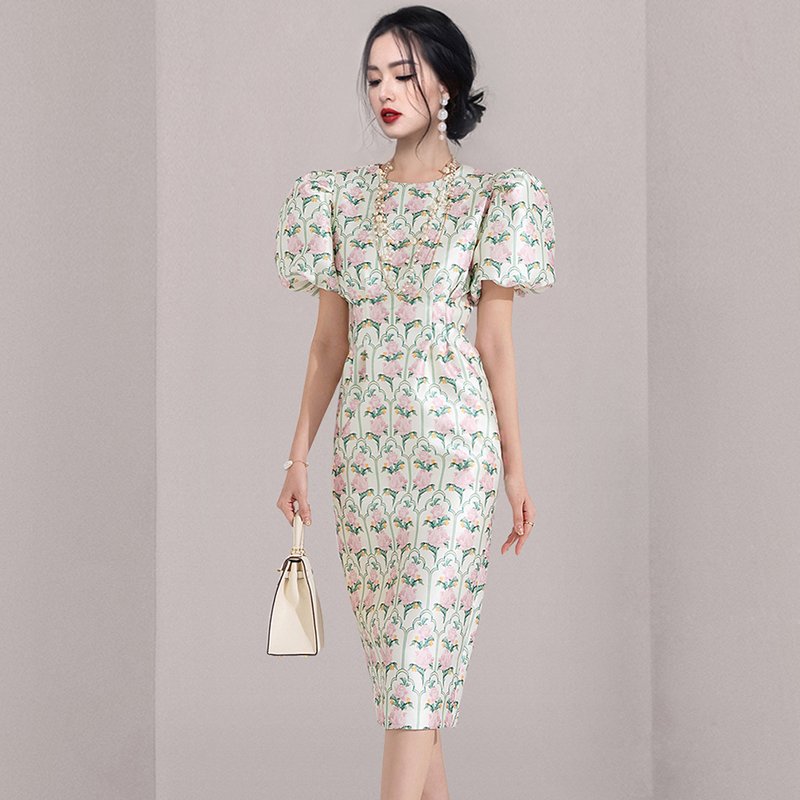 2023 summer new temperament slim fashion balloon sleeve print hip dress HN0842065