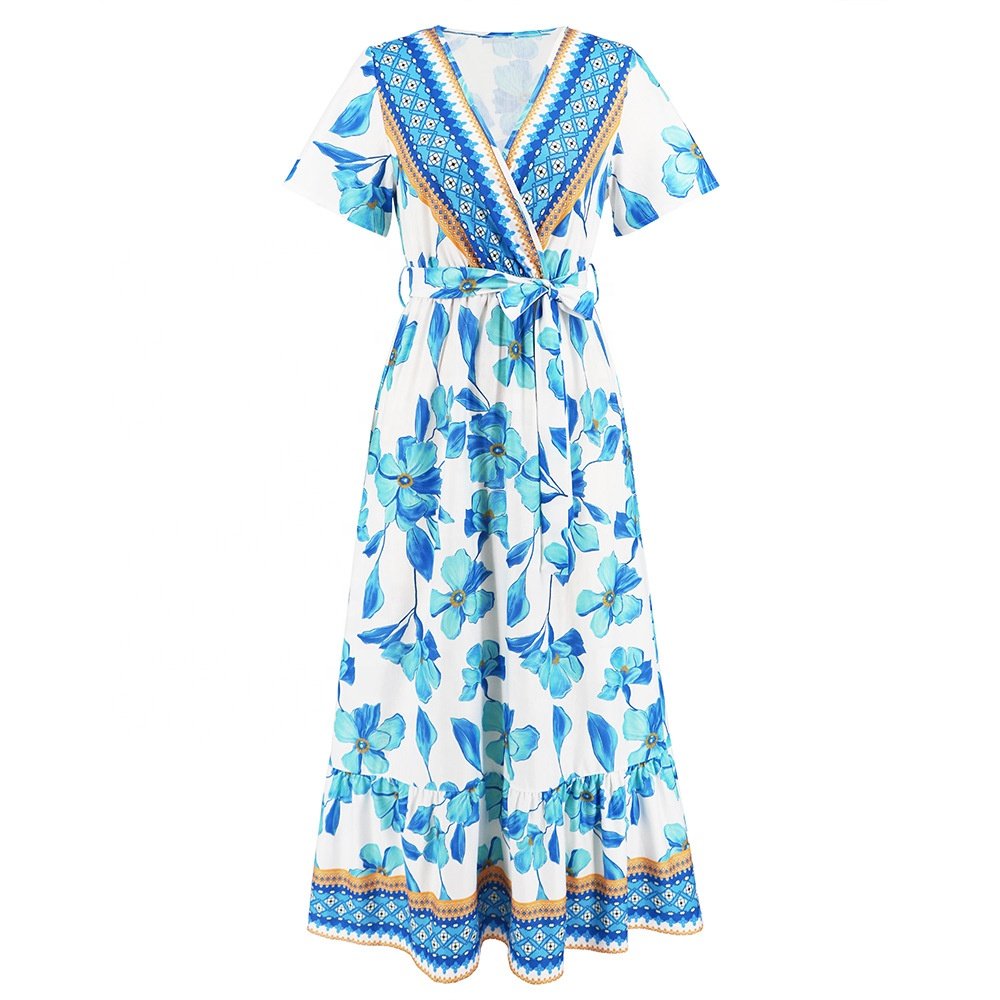 2023 New Summer Floral Printed V Neck Bohemian Women's Loose Maxi Skirt Long Casual Dresses For Ladies