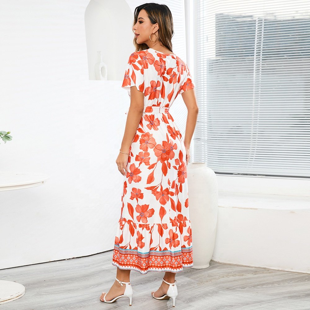 2023 New Summer Floral Printed V Neck Bohemian Women's Loose Maxi Skirt Long Casual Dresses For Ladies