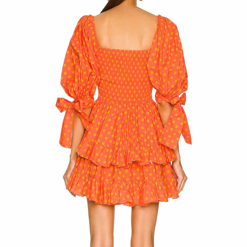 New Summer Women Orange Half Sleeve Puff Sleeve Bow Collect Waist Mini Dress Casual Mini Dresses
