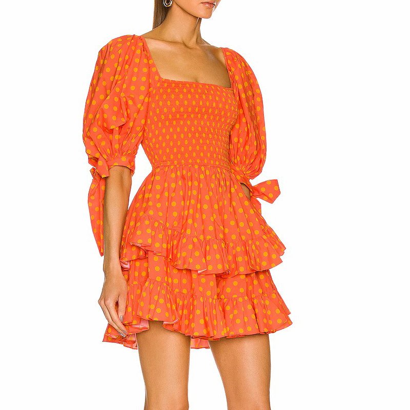 New Summer Women Orange Half Sleeve Puff Sleeve Bow Collect Waist Mini Dress Casual Mini Dresses