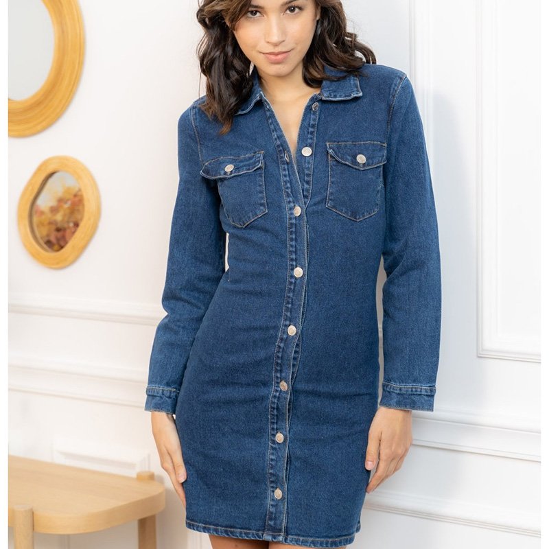 Stone Washing Women's Denim Dresses Oem Jeans from China Factory Cotton Pocket Vintage Casual Dresses Natural Slim OEM Service