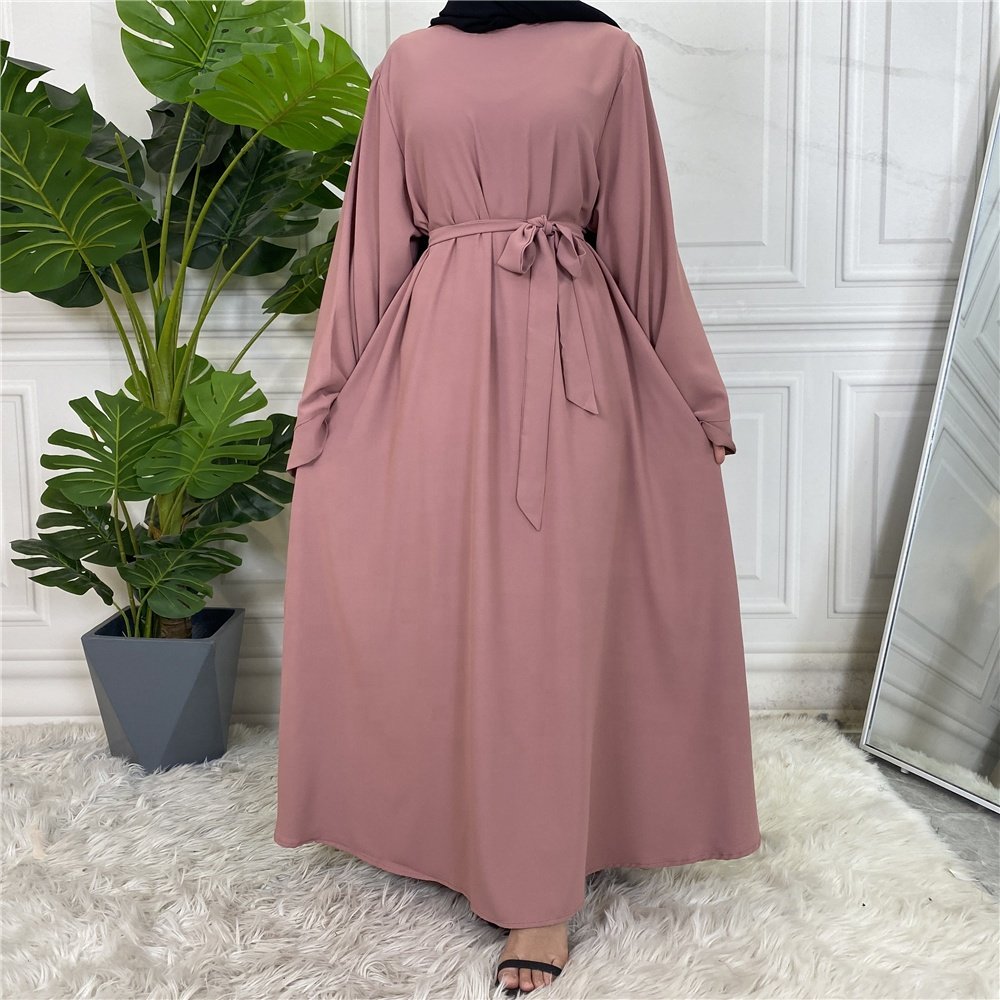 F638# Hot Sale Solid Color Crew Neck Simple Modest Dress Kaftan Islamic Clothing Abaya Muslim Dresses For Women