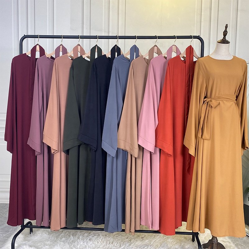 F638# Hot Sale Solid Color Crew Neck Simple Modest Dress Kaftan Islamic Clothing Abaya Muslim Dresses For Women