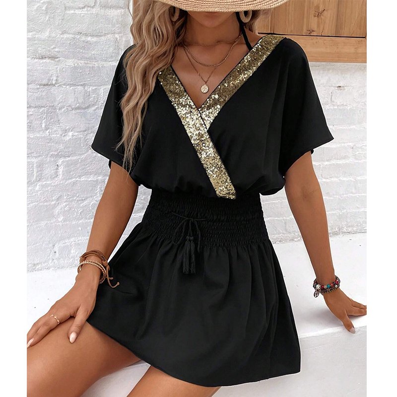 Hot New Products Summer Elastic Waist Band Casual Dress Stylish V-neck Sequin Patched Dress for Women