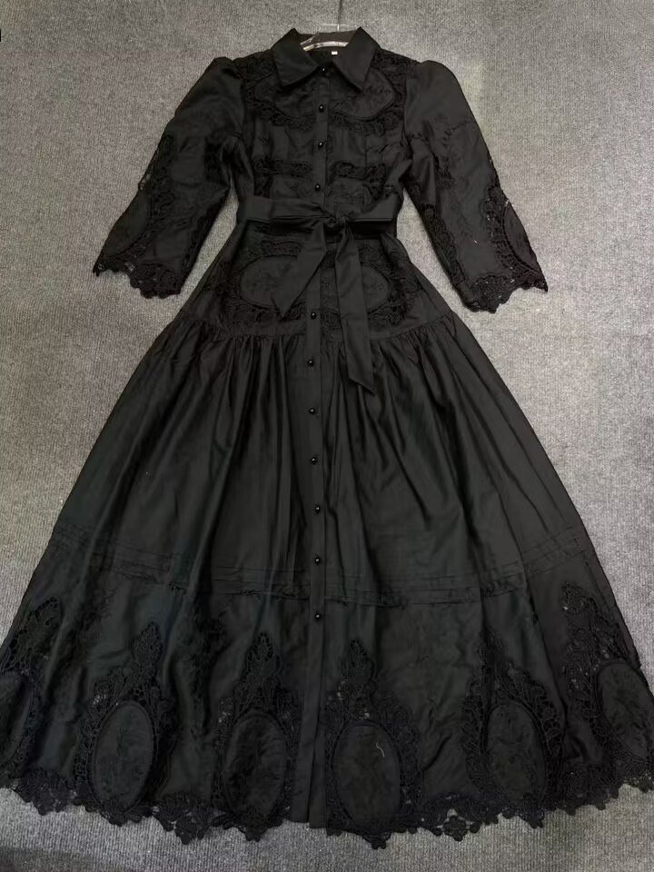 2023 New Autumn Style Commuting Style Embroidered Lace Design Hollow Single-breasted Waist Slimming Dress