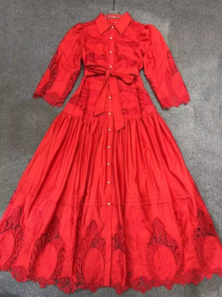 2023 New Autumn Style Commuting Style Embroidered Lace Design Hollow Single-breasted Waist Slimming Dress