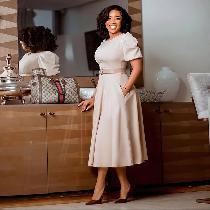 Ladies Office Dresses Women Formal Work O-neck Puff Sleeve Wrap Waist A-line Ruched Dress Elegant Casual Dresses With Belt