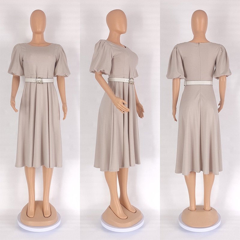 Ladies Office Dresses Women Formal Work O-neck Puff Sleeve Wrap Waist A-line Ruched Dress Elegant Casual Dresses With Belt