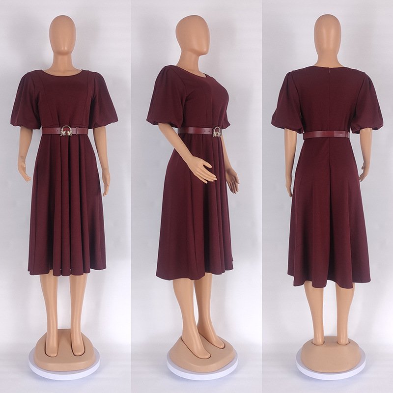 Ladies Office Dresses Women Formal Work O-neck Puff Sleeve Wrap Waist A-line Ruched Dress Elegant Casual Dresses With Belt