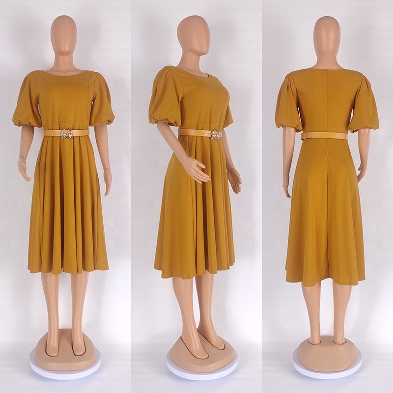 Ladies Office Dresses Women Formal Work O-neck Puff Sleeve Wrap Waist A-line Ruched Dress Elegant Casual Dresses With Belt