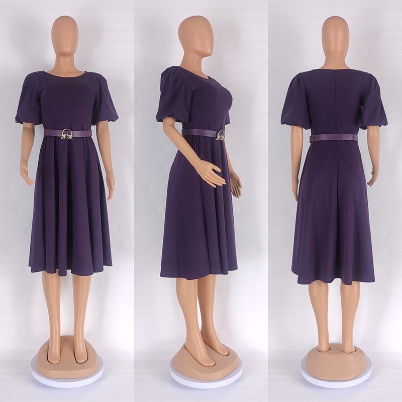 Ladies Office Dresses Women Formal Work O-neck Puff Sleeve Wrap Waist A-line Ruched Dress Elegant Casual Dresses With Belt
