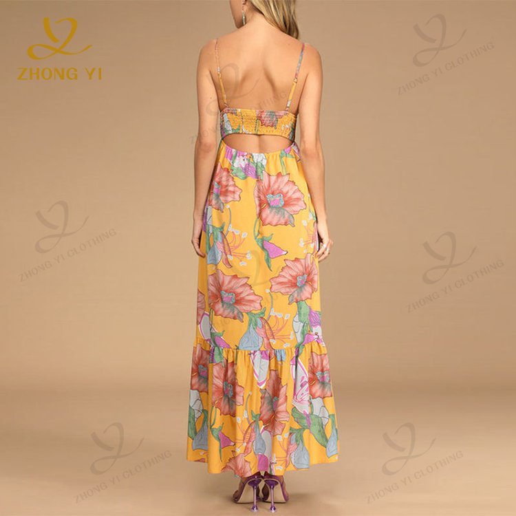 Custom Summer Casual Clothing Resort Style Cotton V-neck Waist Strap Open Back Printed Pleated Women Bohemian Maxi Dresses