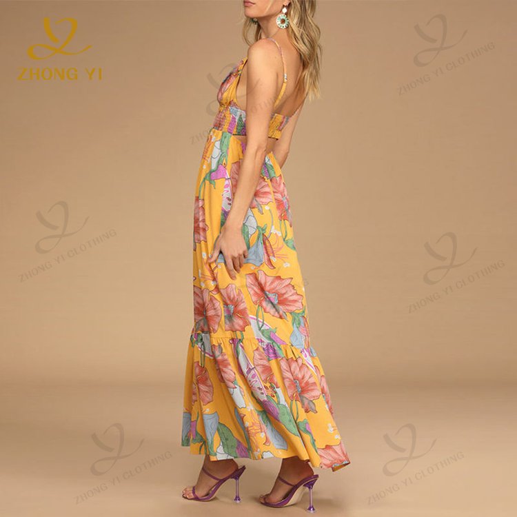 Custom Summer Casual Clothing Resort Style Cotton V-neck Waist Strap Open Back Printed Pleated Women Bohemian Maxi Dresses
