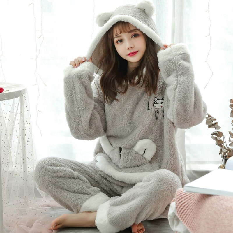 Factory direct supply winter Korean version of warmth and thickening plus velvet with hat plush sweet flannel homewear pajamas