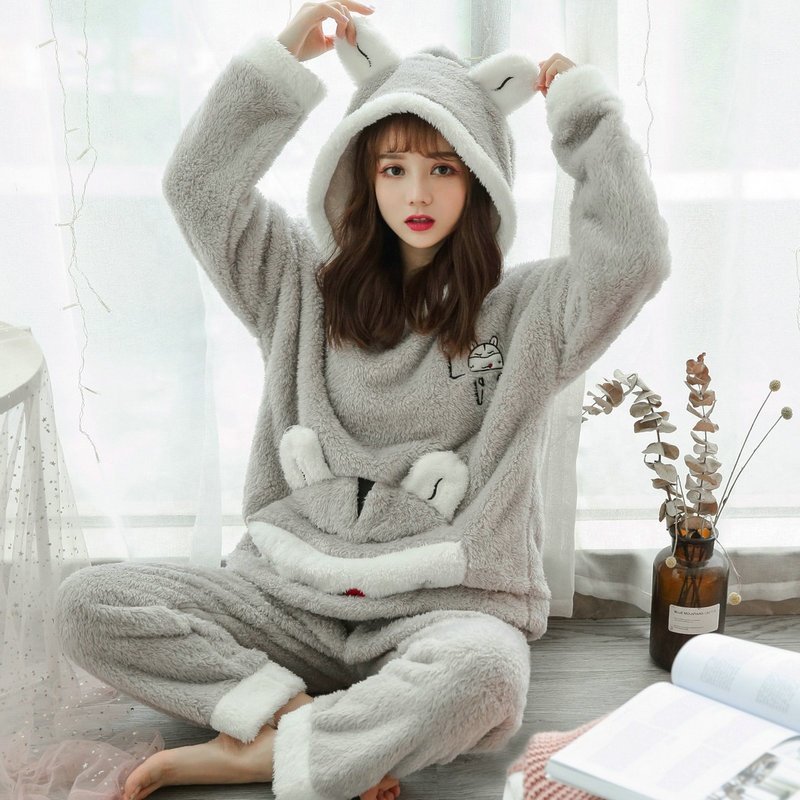 Factory direct supply winter Korean version of warmth and thickening plus velvet with hat plush sweet flannel homewear pajamas