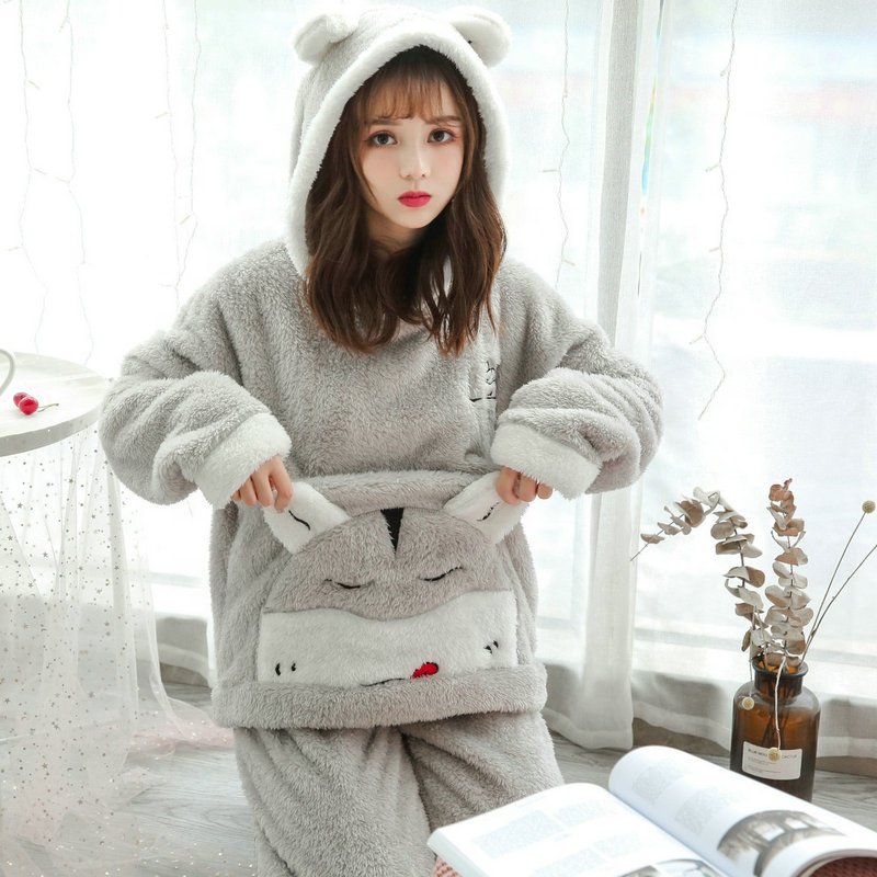 Factory direct supply winter Korean version of warmth and thickening plus velvet with hat plush sweet flannel homewear pajamas