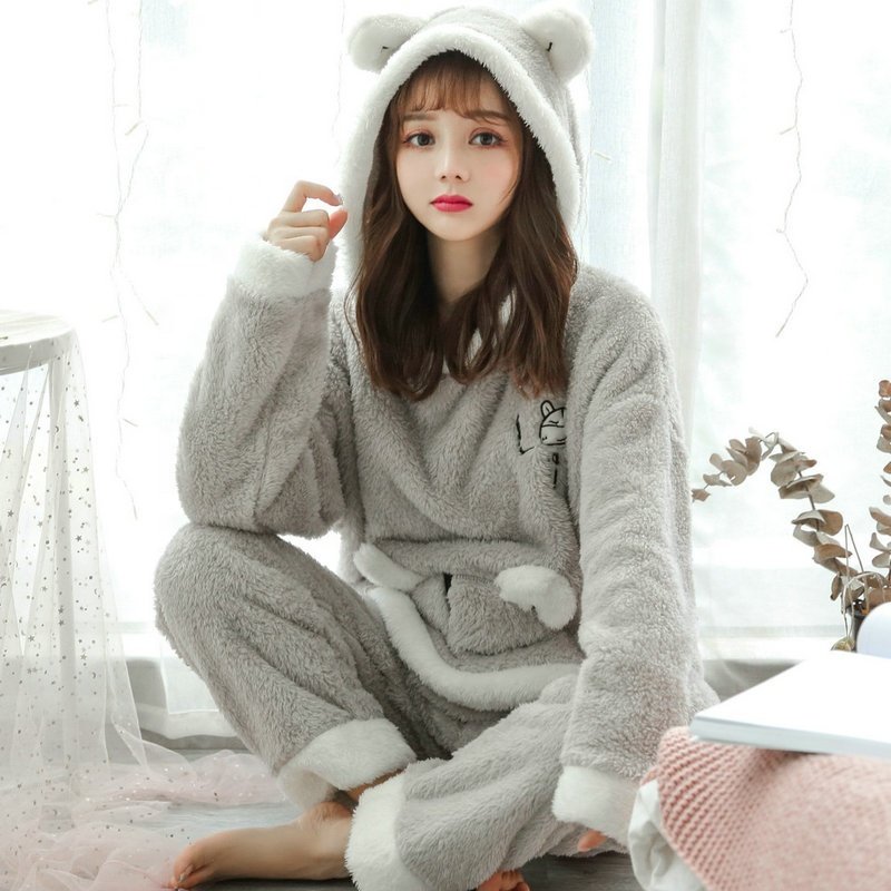Factory direct supply winter Korean version of warmth and thickening plus velvet with hat plush sweet flannel homewear pajamas