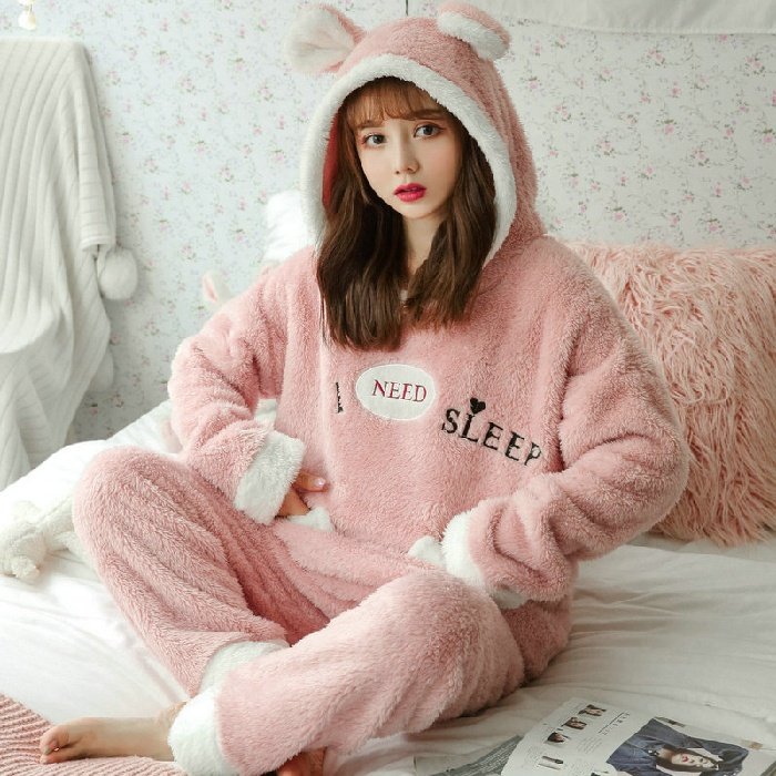 Factory direct supply winter Korean version of warmth and thickening plus velvet with hat plush sweet flannel homewear pajamas