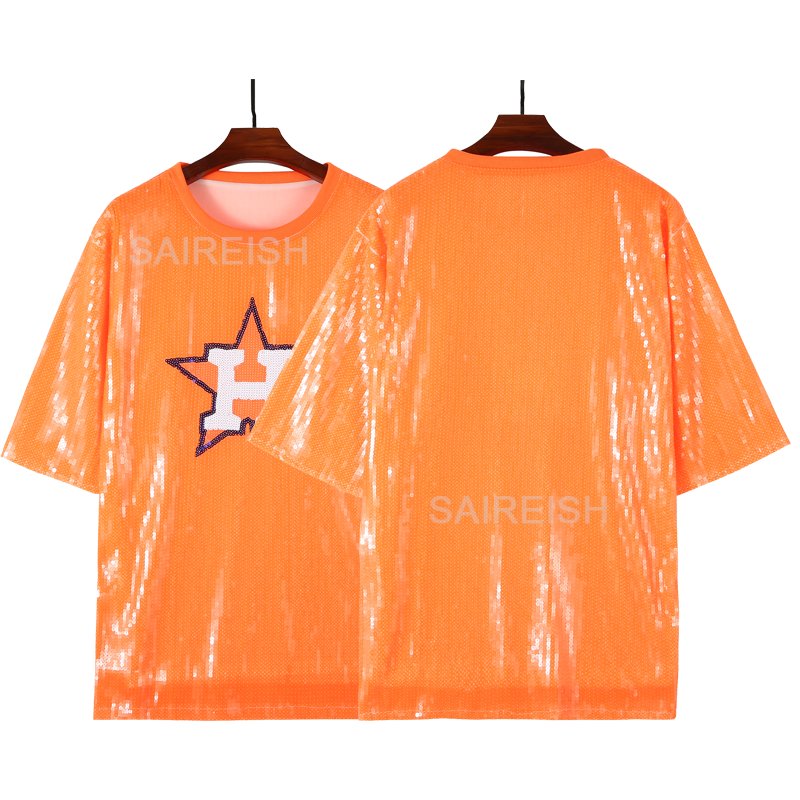 Custom 2024 New Astro Blue Orange Stripes Baseball Jersey Sequin T Shirt Casual Dresses For Women